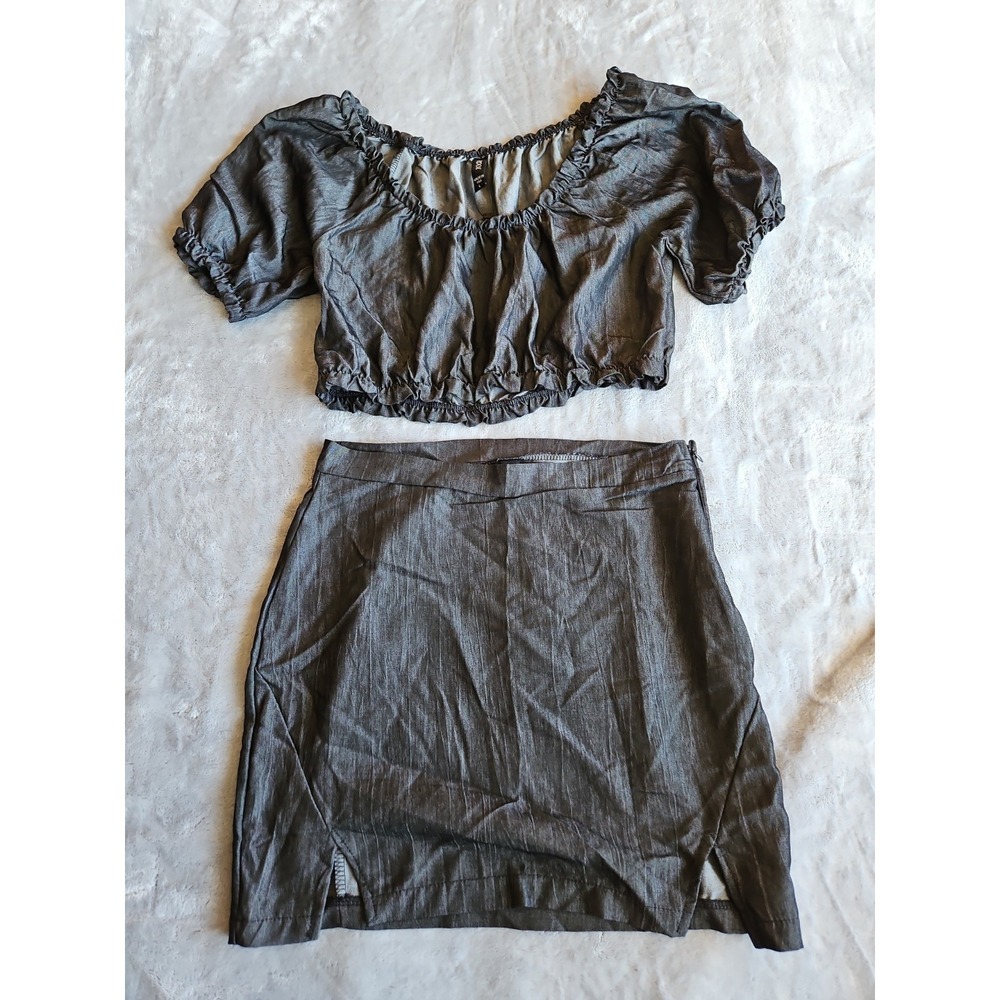 D. Rock Two Piece Crop Top Skirt Set  Size Medium Gray